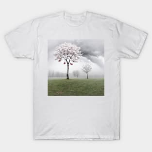 Pink and White Cherry Trees in a Foggy Scene T-Shirt